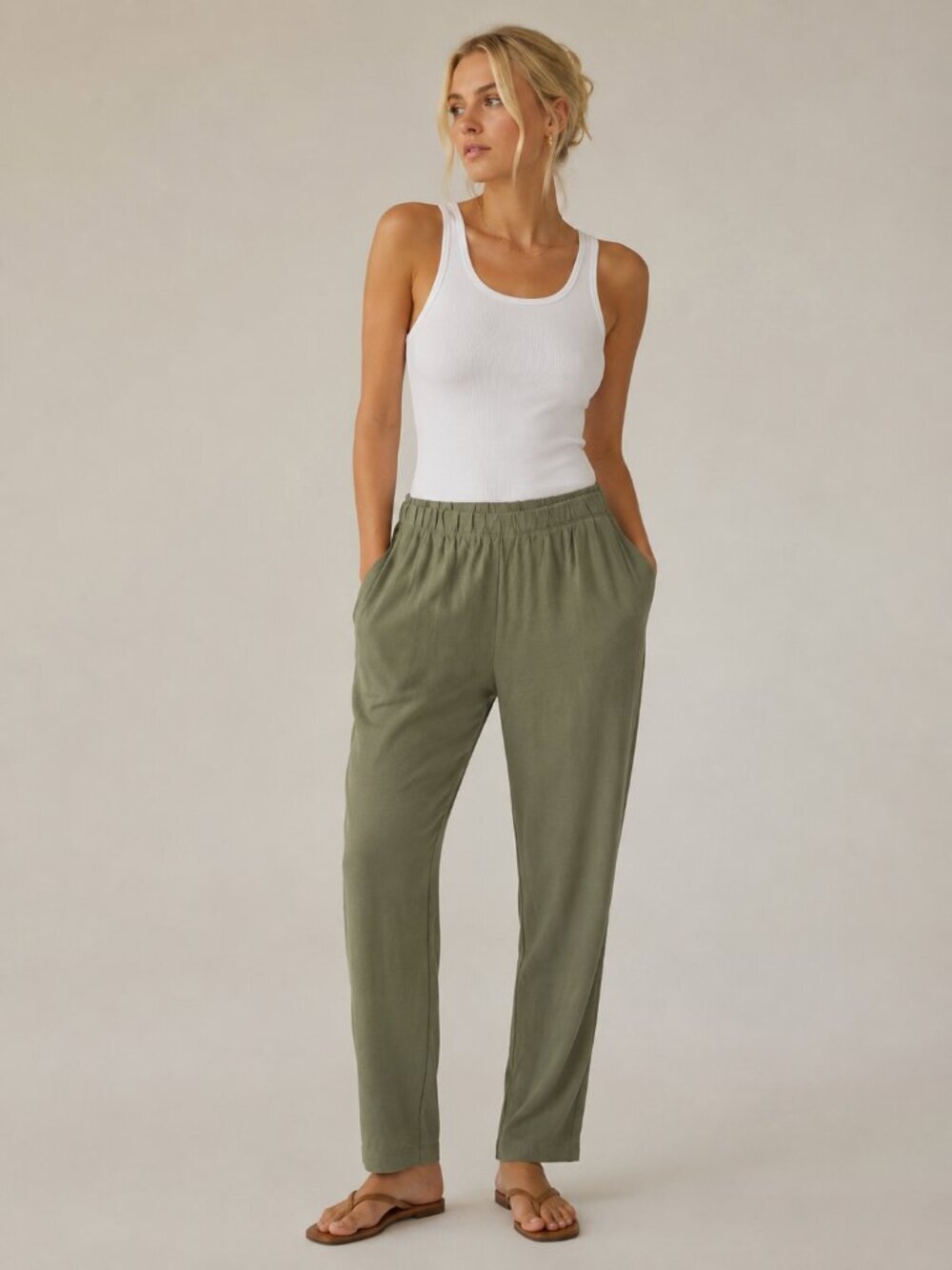 2/$30 Lands' End Pullon Trouser Tapered Leg Olive Green 1X #A2312